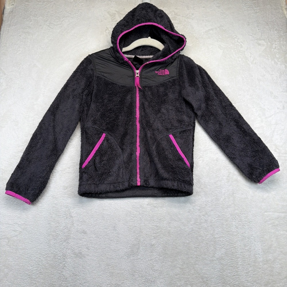 The North Face Girls Fleece Hooded Jacket Size 7/8 Gray Pink Full Zip Osito
